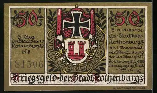 Notgeld Rothenburg, 50 Pfennig, Ritter mit Lanze und Stadtwappen, Seriennummer 81506