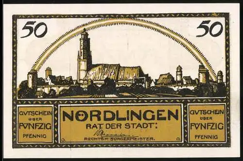 Notgeld Nördlingen 1920, 50 Pfennig, Stadtsilhouette, Seriennummer 30185