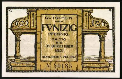 Notgeld Nördlingen 1920, 50 Pfennig, Stadtsilhouette, Seriennummer 30185