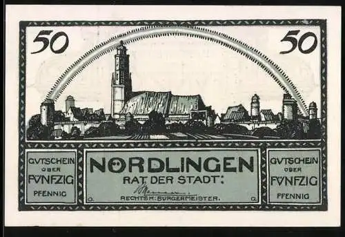 Notgeld Nördlingen 1920, 50 Pfennig, Stadtansicht mit Türmen, Seriennummer 50246