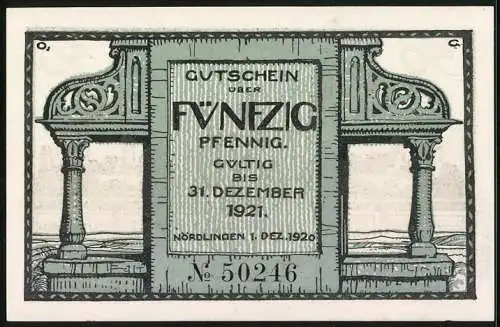 Notgeld Nördlingen 1920, 50 Pfennig, Stadtansicht mit Türmen, Seriennummer 50246