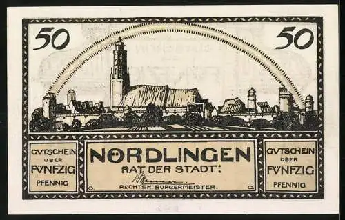 Notgeld Nördlingen 1920, 50 Pfennig, Stadtansicht mit Tor und Türmen, Seriennummer 00285