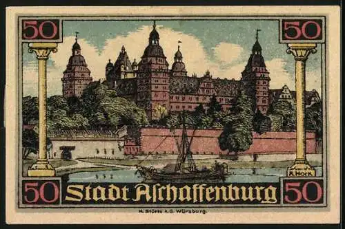 Notgeld Aschaffenburg 1921, 50 Pfennig, Friedenstaube über blutigem Globus, Schlossansicht, Seriennummer 366862