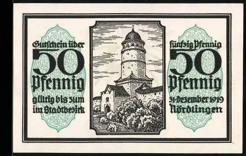 Notgeld Nördlingen 1918, 50 Pfennig, Turm und Stadtwappen, Nr. 12205