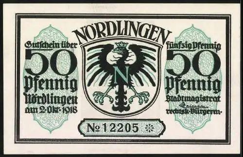 Notgeld Nördlingen 1918, 50 Pfennig, Turm und Stadtwappen, Nr. 12205