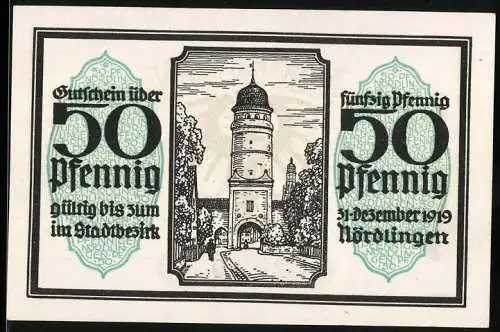 Notgeld Nördlingen 1918, 50 Pfennig, Stadtmauer mit Turm, Adlerwappen, Nr. 21970