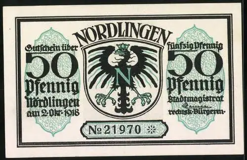 Notgeld Nördlingen 1918, 50 Pfennig, Stadtmauer mit Turm, Adlerwappen, Nr. 21970