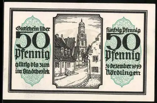 Notgeld Nördlingen 1918, 50 Pfennig, Stadtansicht und Adlerwappen, Nr. 01906