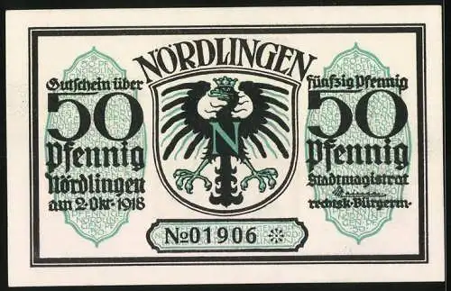 Notgeld Nördlingen 1918, 50 Pfennig, Stadtansicht und Adlerwappen, Nr. 01906