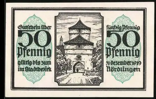 Notgeld Nördlingen 1918, 50 Pfennig, Stadttor und Adlerwappen, Seriennummer 15006