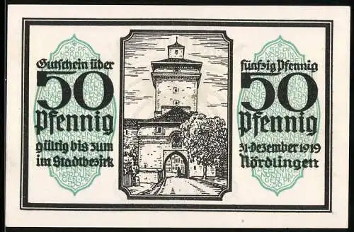 Notgeld Nördlingen 1918, 50 Pfennig, Stadttor und Adlerwappen, Nr. 07417