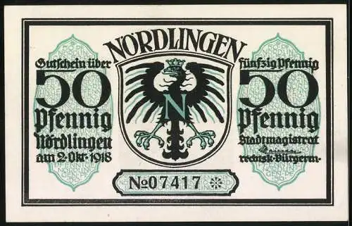 Notgeld Nördlingen 1918, 50 Pfennig, Stadttor und Adlerwappen, Nr. 07417
