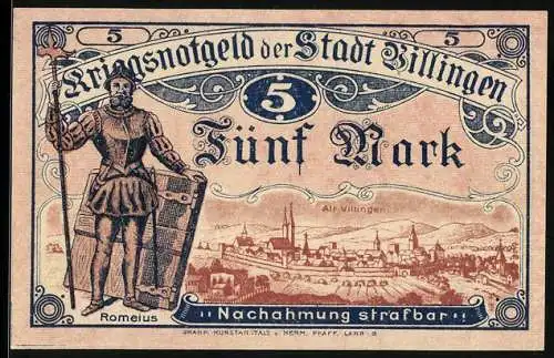 Notgeld Villingen 1918, 5 Mark, Ritter Romeius und Stadtansicht, Wappen, Seriennummer 37318