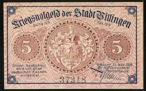 Notgeld Villingen 1918, 5 Mark, Ritter Romeius und Stadtansicht, Wappen, Seriennummer 37318