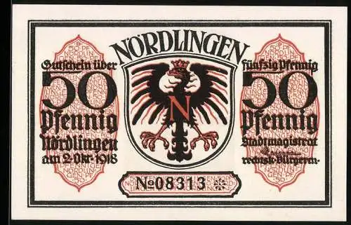 Notgeld Nördlingen 1918, 50 Pfennig, Adlerwappen und Stadttor, Seriennummer 08313