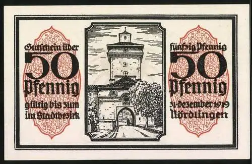 Notgeld Nördlingen 1918, 50 Pfennig, Adlerwappen und Stadttor, Seriennummer 08313