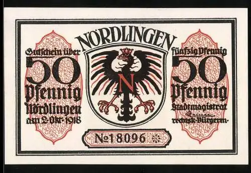 Notgeld Nördlingen 1918, 50 Pfennig, Adlerwappen und Stadttor-Motiv