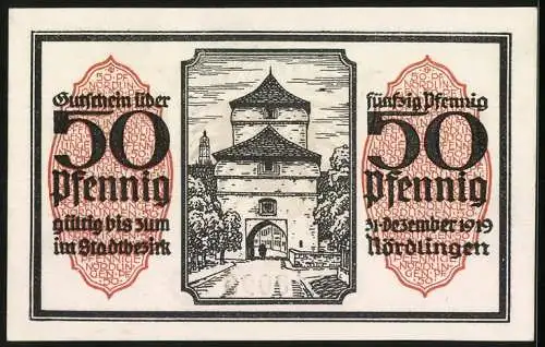 Notgeld Nördlingen 1918, 50 Pfennig, Adlerwappen und Stadttor-Motiv