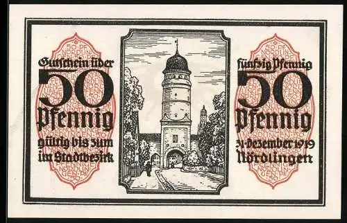 Notgeld Nördlingen 1918, 50 Pfennig, Stadttor und Wappen, Seriennummer 22806