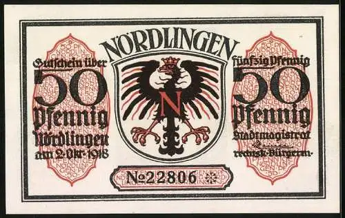 Notgeld Nördlingen 1918, 50 Pfennig, Stadttor und Wappen, Seriennummer 22806