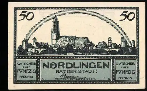 Notgeld Nördlingen 1920, 50 Pfennig, Stadtansicht mit Gedicht, Seriennummer 00906