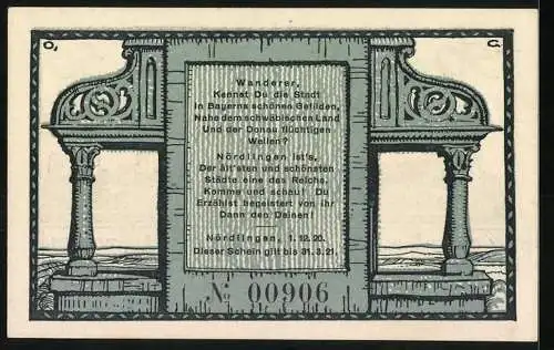 Notgeld Nördlingen 1920, 50 Pfennig, Stadtansicht mit Gedicht, Seriennummer 00906