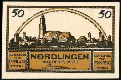 Notgeld Nördlingen 1920, 50 Pfennig, Stadtansicht mit Gedicht, Seriennummer 10407