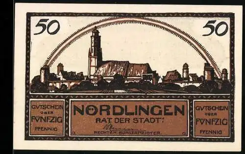 Notgeld Nördlingen, 50 Pfennig, Stadtansicht mit Torbogen und Gedicht, Seriennummer 35205