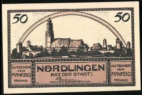 Notgeld Nördlingen 1920, 50 Pfennig, Stadtansicht und Gedicht, Nr. 21492