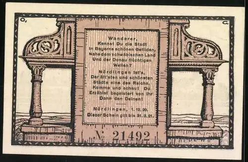 Notgeld Nördlingen 1920, 50 Pfennig, Stadtansicht und Gedicht, Nr. 21492