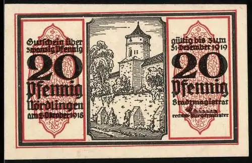 Notgeld Nördlingen 1918, 20 Pfennig, Stadtturm und Adler mit Wappen, Seriennummer 0711