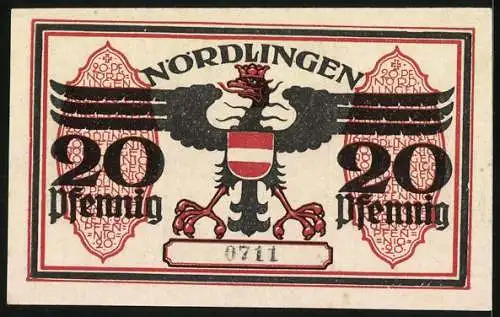 Notgeld Nördlingen 1918, 20 Pfennig, Stadtturm und Adler mit Wappen, Seriennummer 0711