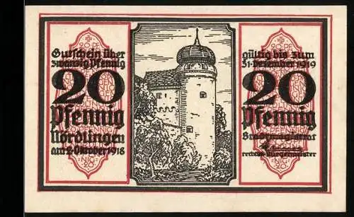 Notgeld Nördlingen 1918, 20 Pfennig, Turm und Adler, Seriennummer 3515