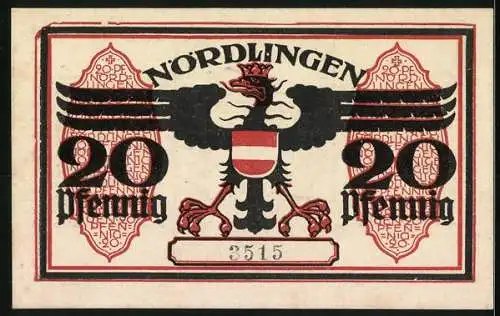 Notgeld Nördlingen 1918, 20 Pfennig, Turm und Adler, Seriennummer 3515