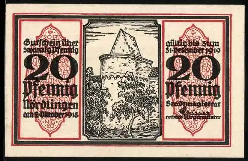 Notgeld Nördlingen 1918, 20 Pfennig, Turm und Adler, Seriennummer 5622, Wappen