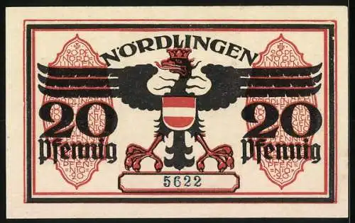 Notgeld Nördlingen 1918, 20 Pfennig, Turm und Adler, Seriennummer 5622, Wappen