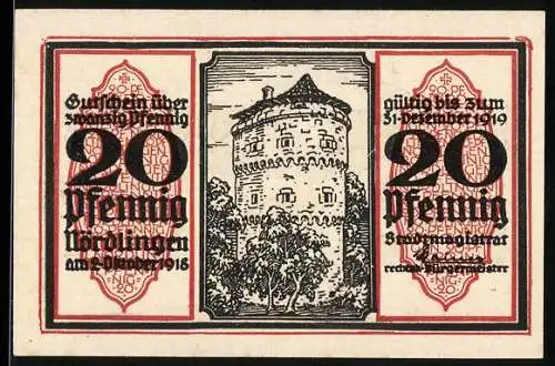 Notgeld Nördlingen 1918, 20 Pfennig, Turm und Adler, Seriennummer 11289, Wappen enthalten