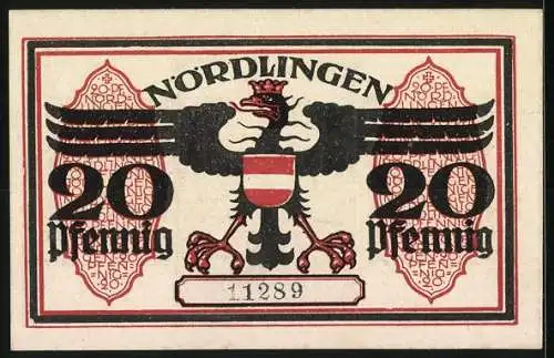 Notgeld Nördlingen 1918, 20 Pfennig, Turm und Adler, Seriennummer 11289, Wappen enthalten