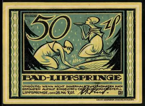 Notgeld Bad Lippspringe 1921, 50 Pfennig, Frauen am Brunnen und Bäume, Seriennummer und Wappen nicht vorhanden