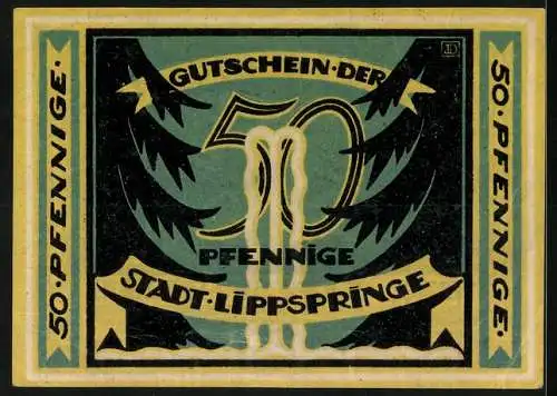 Notgeld Bad Lippspringe 1921, 50 Pfennig, Frauen am Brunnen und Bäume, Seriennummer und Wappen nicht vorhanden