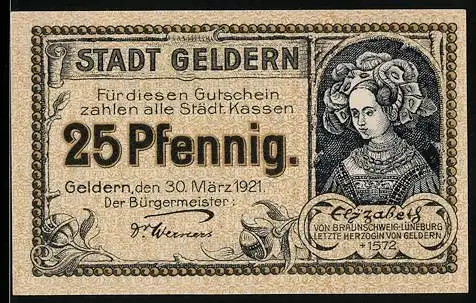 Notgeld Geldern 1921, 25 Pfennig, Herzogin Elisabeth, Löwe und Stadtwappen, Nr. 442338