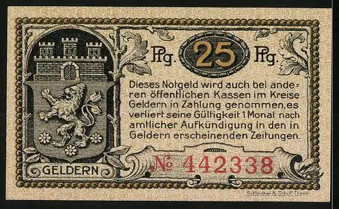 Notgeld Geldern 1921, 25 Pfennig, Herzogin Elisabeth, Löwe und Stadtwappen, Nr. 442338