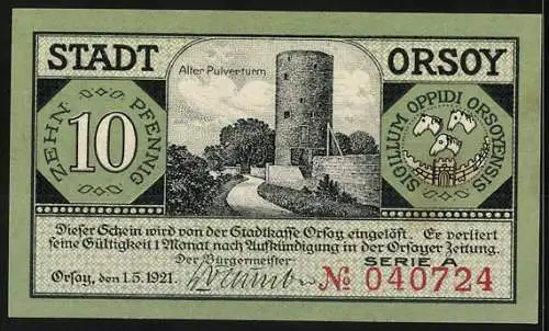 Notgeld Orsoy 1921, 10 Pfennig, Stadtansicht am Rhein und Alter Pulverturm, Seriennummer 040724, Wappen