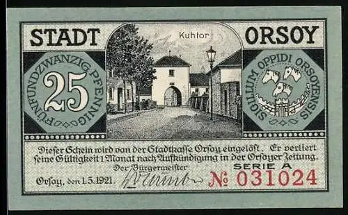 Notgeld Orsoy 1921, 25 Pfennig, Kuhtor und Rheinansicht mit Booten, Serie A Nr. 031024