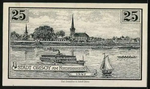 Notgeld Orsoy 1921, 25 Pfennig, Kuhtor und Rheinansicht mit Booten, Serie A Nr. 031024