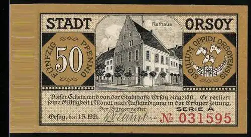 Notgeld Orsoy 1921, 50 Pfennig, Rathaus und Stadtansicht mit Raddampfer, Seriennummer 031595, Wappen