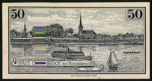 Notgeld Orsoy 1921, 50 Pfennig, Rathaus und Stadtansicht mit Raddampfer, Seriennummer 031595, Wappen