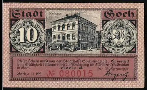 Notgeld Goch 1921, 10 Pfennig, Rathaus, Haus zu den Fünf Ringen, Steintor, Seriennummer 080015, Wappen