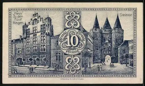 Notgeld Goch 1921, 10 Pfennig, Rathaus, Haus zu den Fünf Ringen, Steintor, Seriennummer 080015, Wappen