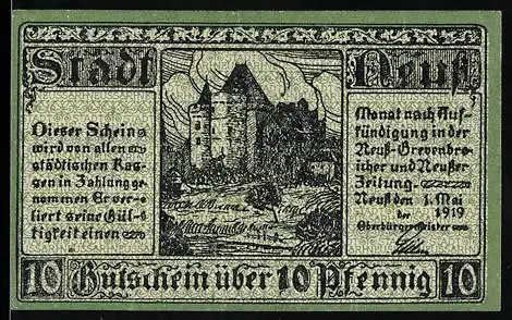 Notgeld Neuss 1919, 10 Pfennig, Burgmotiv, Seriennummer 059820, Wappen